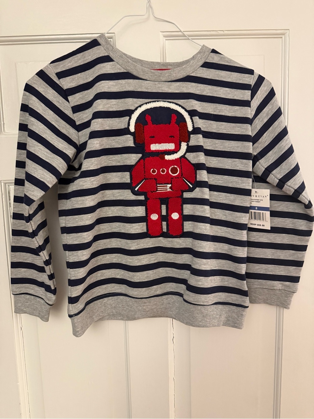 Andy & Evan Navy, Light Gray and Red Striped Top with Robot Patch